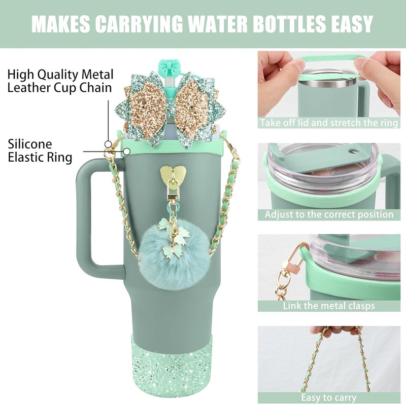 SEMATA Bling Accessories for Stanley Cup 40oz & 30oz Tumbler Including Silicone Cute Bow Straw Topper Cover, Silicone Boot for Stanley Cup,Leather Water Bottle Handle Strap, Charms(Shale) - Image 2